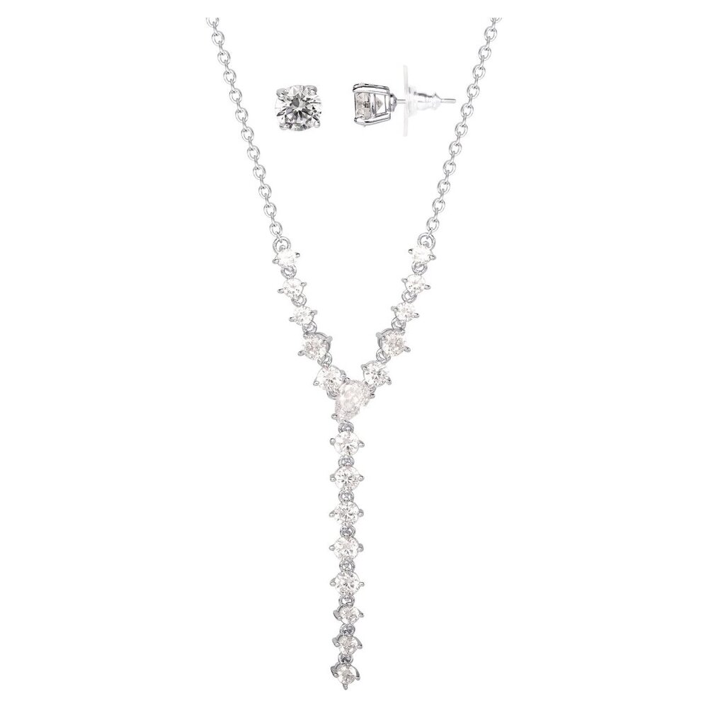 Women's Silver Plated Cubic Zirconia Stud Earring and Y Necklace Set, 18" *NIB*